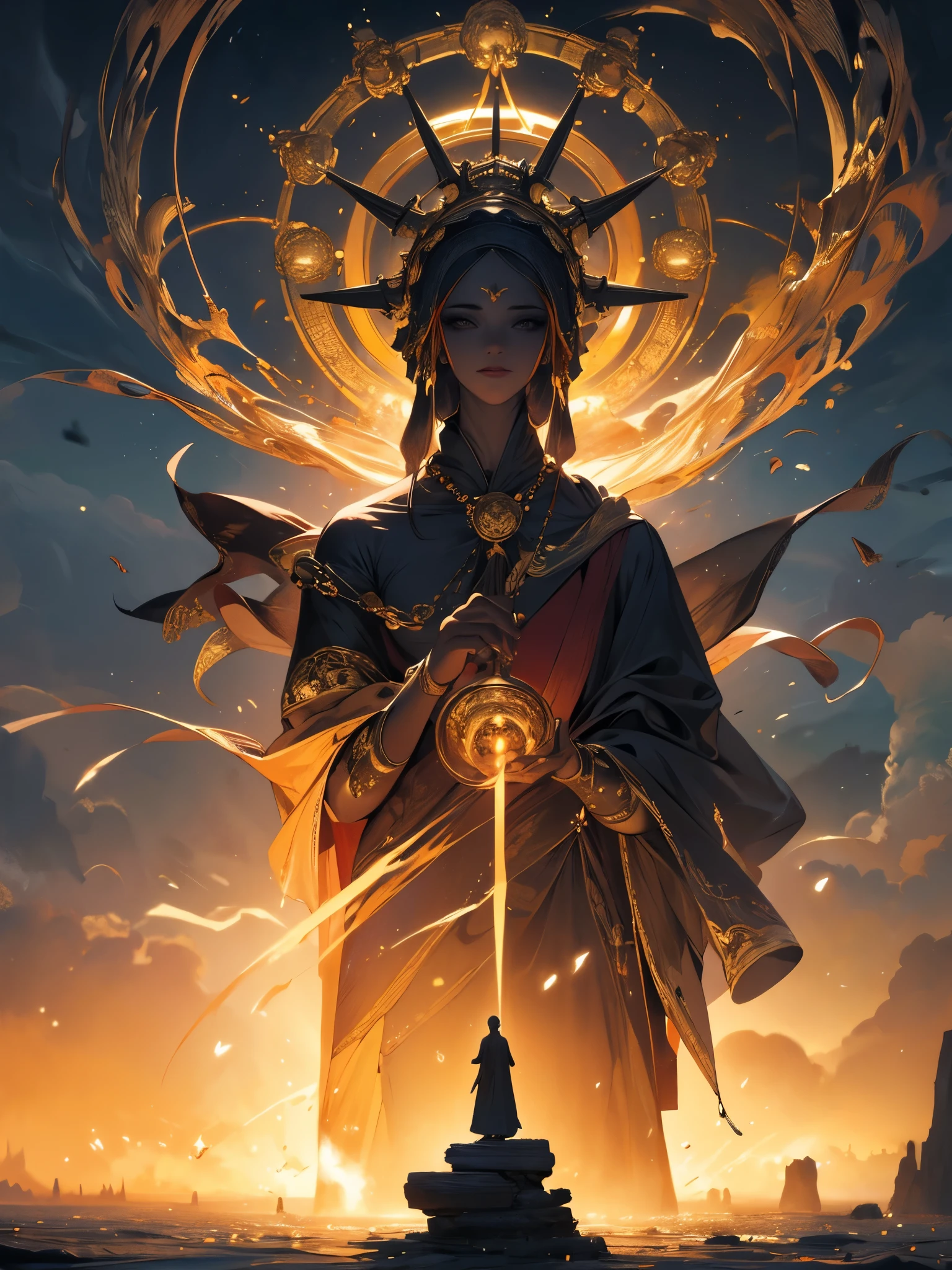 (masterpiece, best quality:1.2), super detail, cinematic lighting, HDR, illustration, Giant stone heads as habitat amid the sea, colorful,  monks in procession, mystery, highly detailed, high contrast, golden ratio composition, epic view, masterpiece,