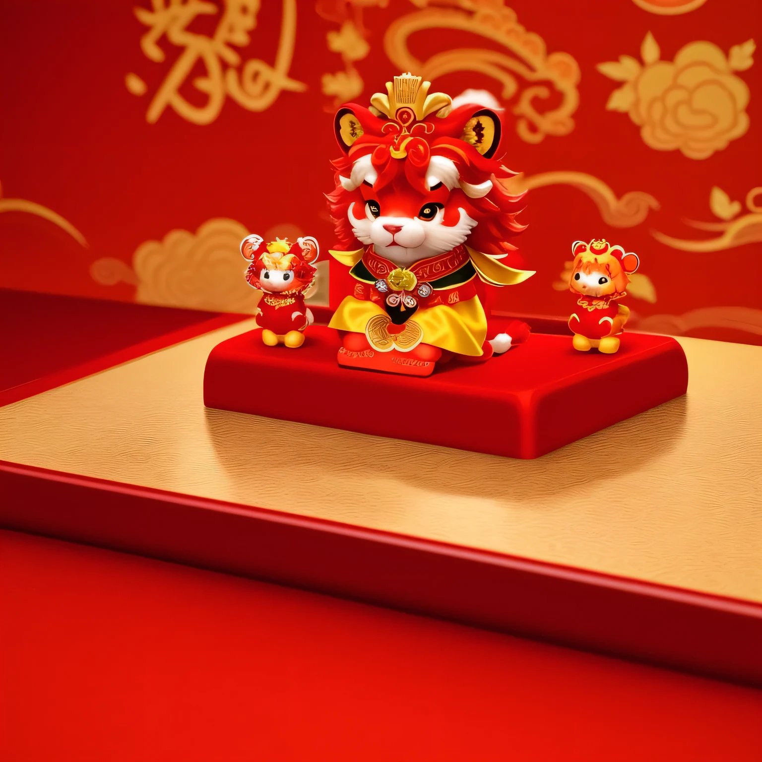 Red and gold costume sitting on the table, Chinese lion dance, Chinese, Celebrating Chinese New Year in Shanghai, Chinese traditional, Chinese heritage, best adobe stock, Chinese dragon concept art, smooth chinese dragon, Chinese outfit, 3D model of a Japanese mascot, Inspired by Puhua, Portrait shooting, Chinese traditional clothing, yellow dragon head festival