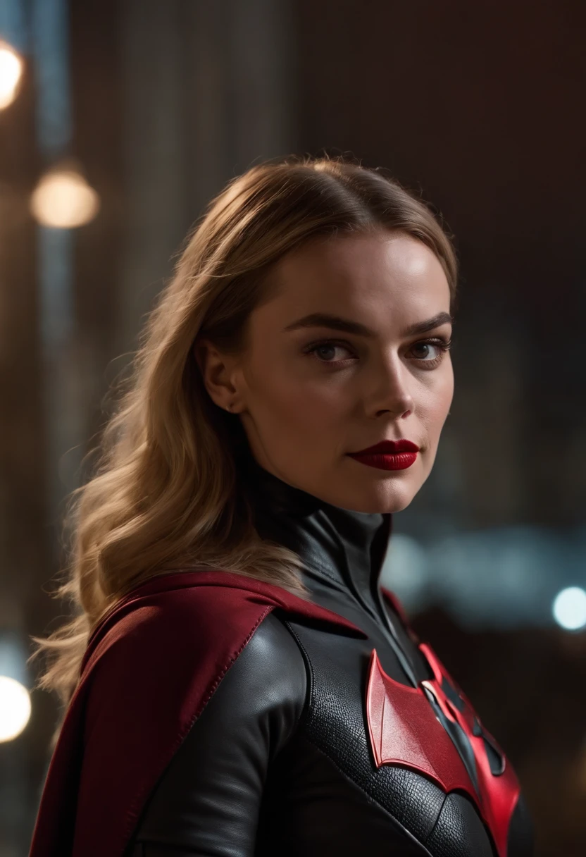 Margot Robbie as batwoman in Gotham city at night