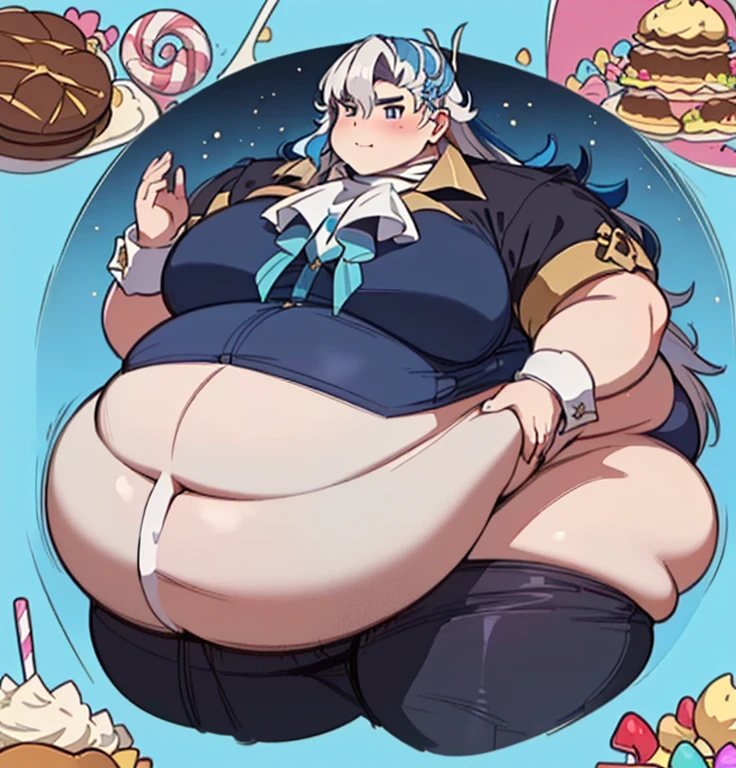 masterpiece, ((best quality)), ((Very Detailed) ,1boy, neuvillette, long hair, blue hair, suit ,ascot, Beautiful face and Eyes:1.4,  background: Candyland,(high_aesthetic), ((WeightImmobile:1.6)), ((Wide Hips:1.3)), ((Large  Round Belly:1.5)), Thick thighs, ((Large Ass)),Embarrassed,  being Surrounded by  food , Sumo:1.4, Detailed face:1.4