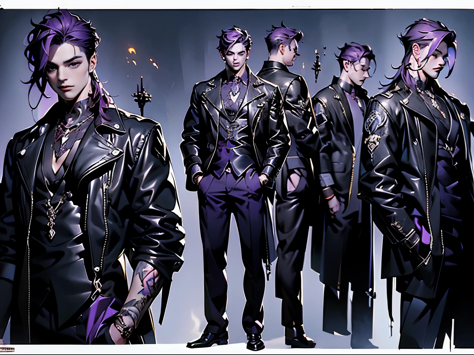 Character sheet 3 elements, full body, front and side view, handsome vampire boy, badass, 18 years old, black leather clothing, purple hair, rock style, tattoos on chest and arms, perfect face