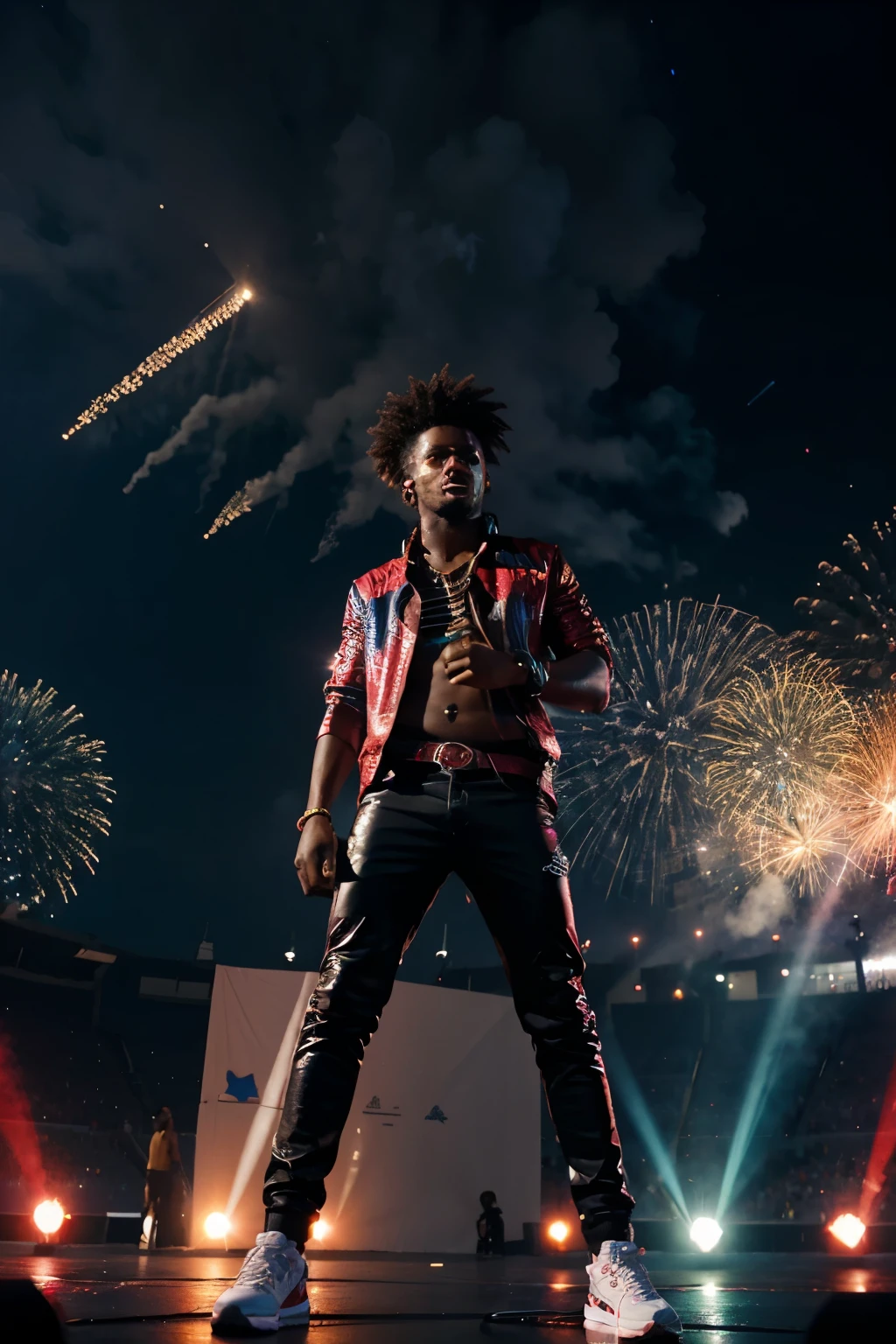 an afro-caribean male rap singer on stage in wide stadium with lasers neons smoke fireworks big event