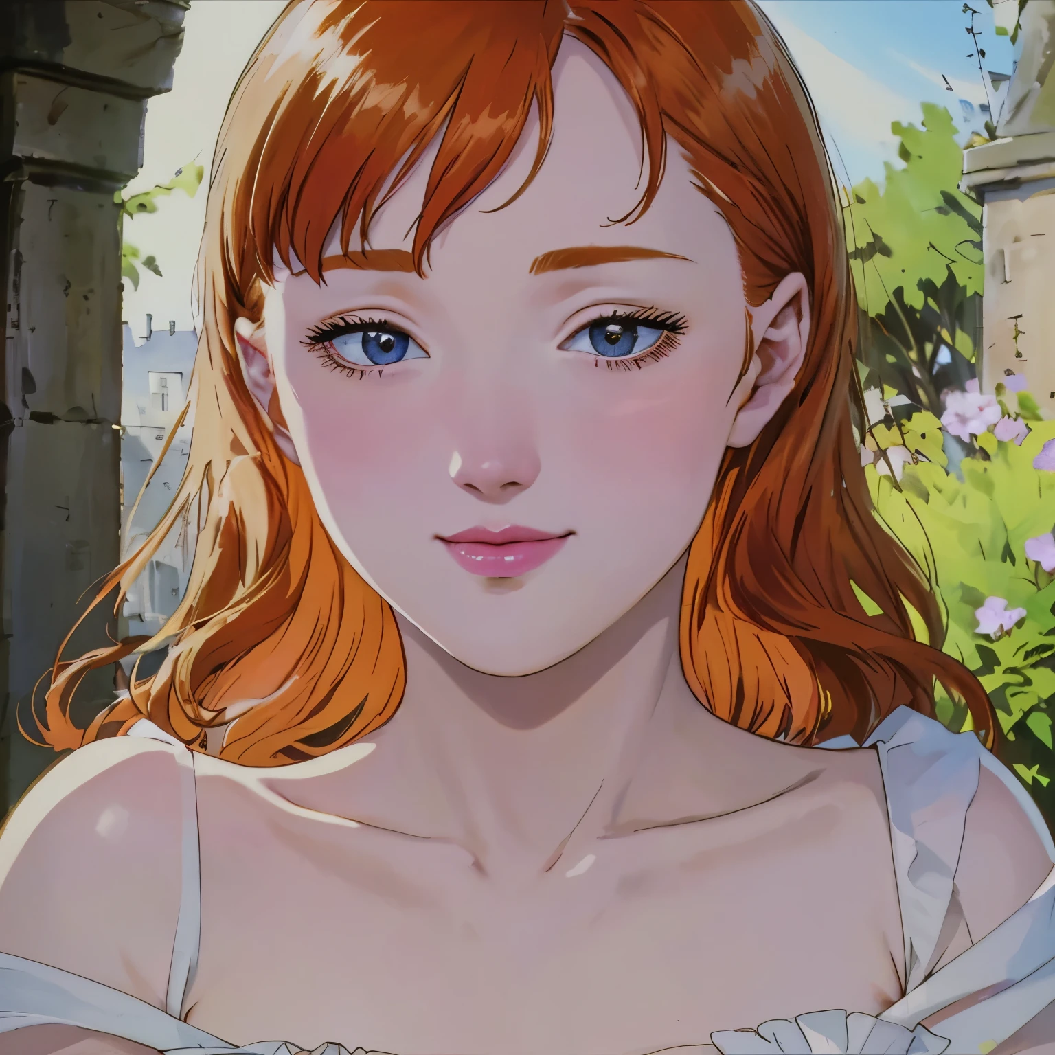 (best quality,4k,8k,highres,masterpiece:1.2),ultra-detailed,(realistic,photorealistic,photo-realistic:1.37),portrait,beautiful girl,orange hair,pale skin,pale white dress,vibrant colors,detailed eyes,detailed lips,long eyelashes,lovely smile,delicate features,graceful pose,soft lighting,ethereal atmosphere,lush garden background,subtle sunlight,fine brush strokes,impressionist style