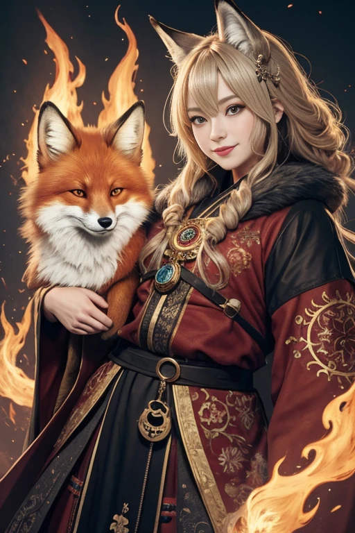 1girl,solo, happy smiling official art, unity 8k wallpaper, ultra detailed, beautiful and aesthetic, beautiful, masterpiece, best quality, Kitsune witch, fox mask, haori jacket, foxfire spell, fox familiar, transformation,depth of field,