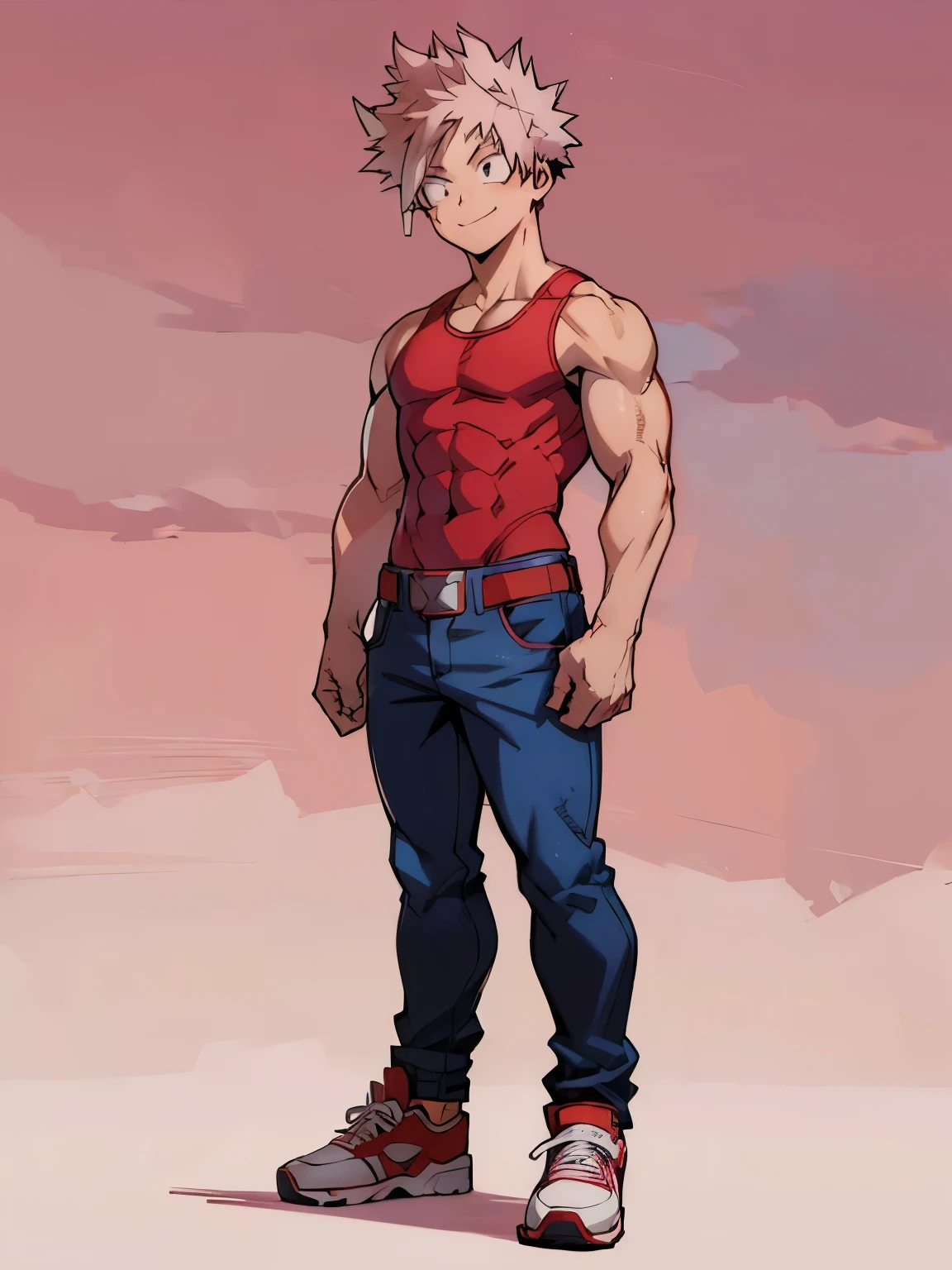 (((My Hero Academia Style))), (Full Body Photo:1.5), 1boy, young boy, Itadori Yuji, standing, standing pose, relaxed, relaxed pose, red tank top, red t-shirt, tank top, baggy jeans, denim pants, baggy pants, red sneakers, sneakers, slim build, light muscles, looking at the viewer perfect anatomy, perfect hands, super detailed, friendly smile, relaxed look, expression of pleasure, headphones on the neck, headphones, pink background, pink sunset background, sunset background, pink sunset, 