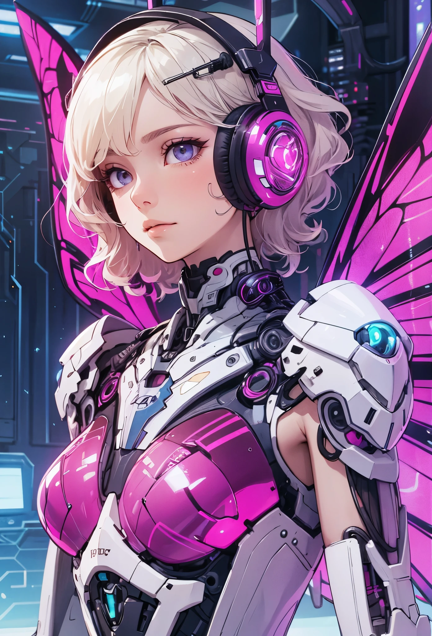 (Detailed illustrations,Very detailed and detailed drawing,Delicate lines with slow and rapid,Realistic texture expression),[Color tressed main line],[labo],[[HENTAI]] ANIME (CYBERGirl anime Beauty 13 years old Cyborg [wavy hair (platinum blonde)]),([Butterfly wings] Magenta-pink Papillon cybernean armor [Aurora Armor] Fuselage only transparent material) Cyber Headset,(cybernetic),(Intricate and beautiful decoration [Dense detail]),(Fine and beautiful skin expression [transparency]),[完璧な目のdetailed (Iris beautifully drawn in every detail)[Jewel-like eyes]],[long and beautiful eyelashes],[Meticulously drawn hair [美しく艷やかな髪のdetailed]],(完璧な手のdetailed [Beautiful fingers without breakdowns [Beautiful nails]]),(Perfect Anatomy(Perfectly proportioned))[[full body portrait]],[[Design built to the highest level]][Ideal color coordination(Accurate simulation of light-material interactions)],([Precision Detail](detailed,High definition)),[Visual art that conveys a sense of narrative].