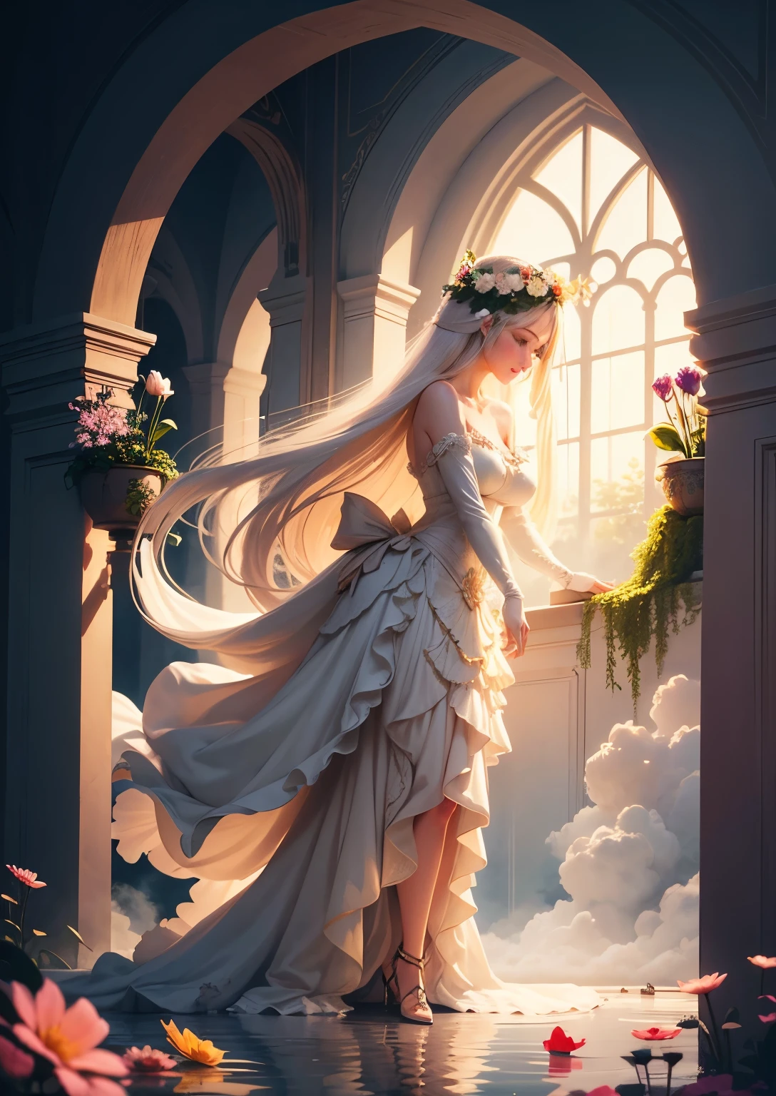 Flowers like castles from a golden spring tower over a beautiful Lady fare, in the spring of eternal youth she bathes her alabaster form to a symphony of trumpeter swans that play in the sunbeam sky of assure and cotton cloud A extreme 90 meters long shot octane render, high quality hyperdetailed 24k photorealistic