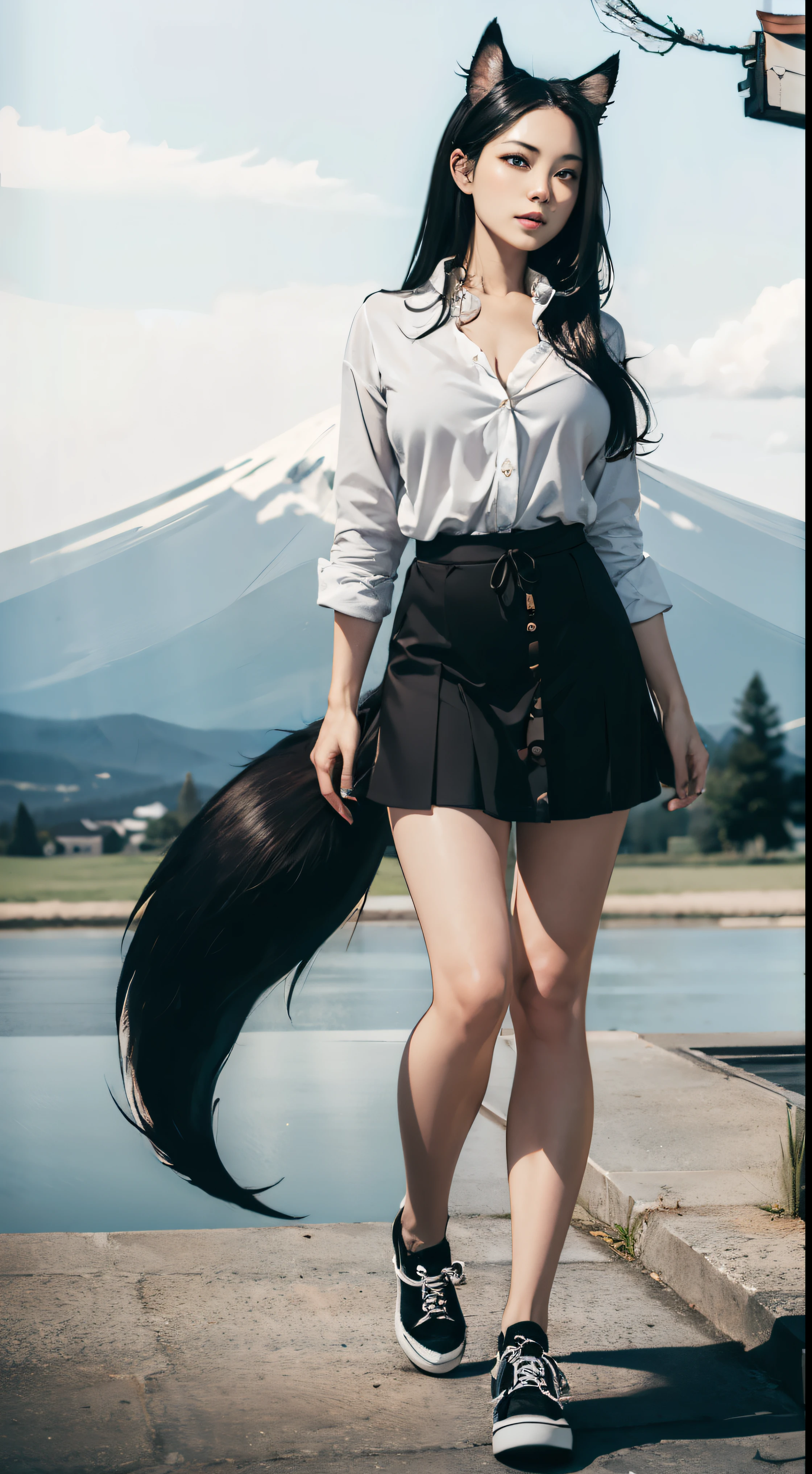 ((Beautiful 35_year_old japanese_yokai_woman with pale skin):1.5), ((long_black_hair and black_yokai_fox_ears and yokai_fox_tail):2), ((japanese_woodlands):1), ((sagging_breasts):1.8), ((breasts_apart):1.5), ((wearing loose_long_skirt and white_button_up_shirt and black_shoes):2), ((full_body_photo):2), (smooth_skin), (perfect_fingers), ((better_eyes):1.2), ((bright_sunlight):1), ((perfect_face):2), ((beautiful_face):1.8), ((feminine_face):1.8), ((grassy_plain and cumulus_clouds):1), ((mount_fuji in distance and sakura_tree_blossoms):1.2), ((perfect_body):2), (perfect_hands), ((best_quality):1.6), (perfect_fabric):1.2), ((Masterpiece):1.6), ((Hyper_Realism):1.4), ((perfect_pose):1.1)