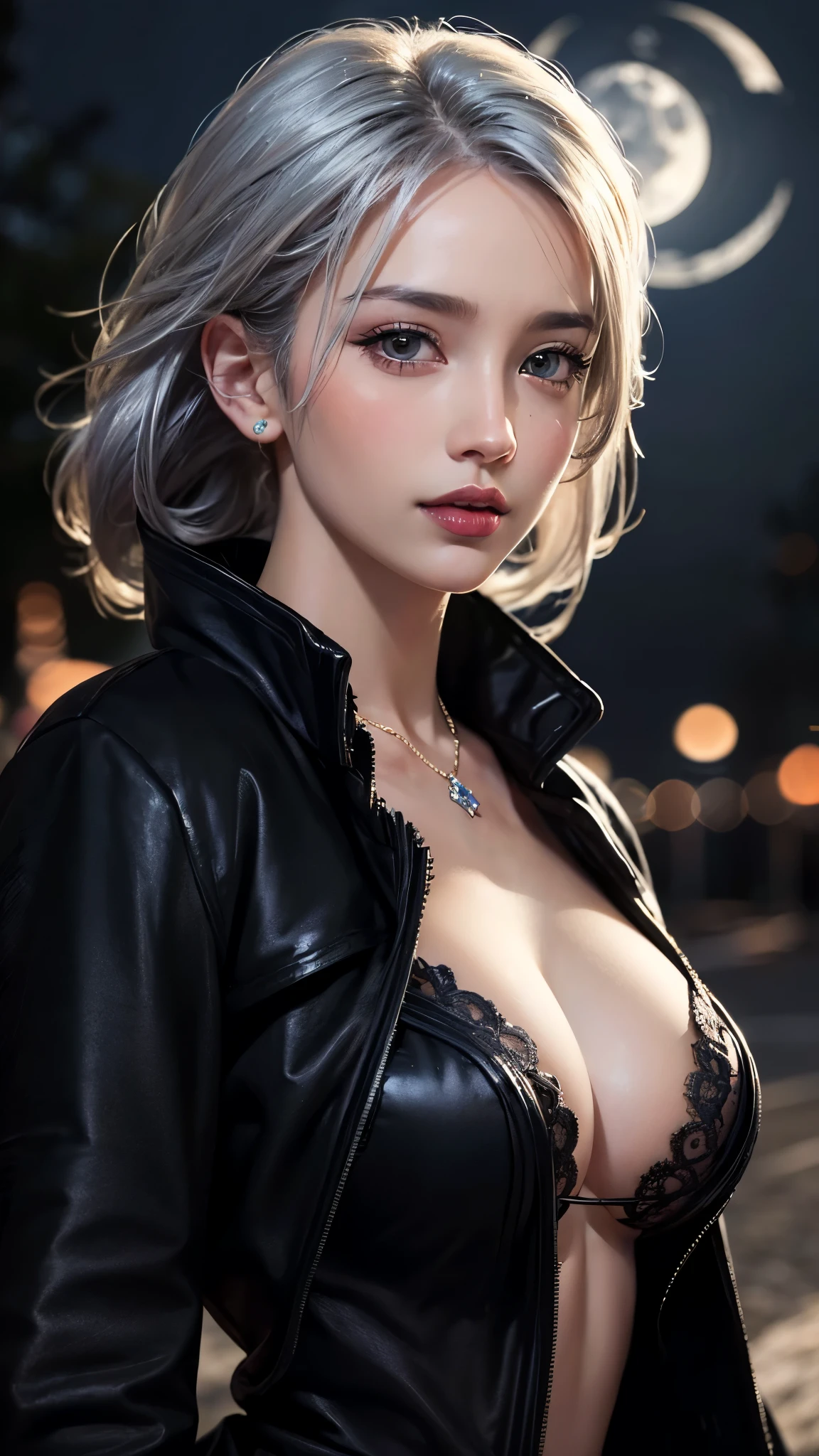 (UHD, retina, masterpiece, accurate, anatomically correct, textured skin, super detail, high details, high quality, best quality, high res, 1080P, HD, 4K, 8k, 16k), (beautiful detailed eyes, beautiful detailed lips, extremely detailed eyes and face), soft lighting, physically-based rendering, vivid colors, (large breasts:1.5), (portrait, shiny hair, shiny skin), eye reflection, (bokeh, moonlight:1.5), (black coat, tanned skin:1.5), silver hair, rose,