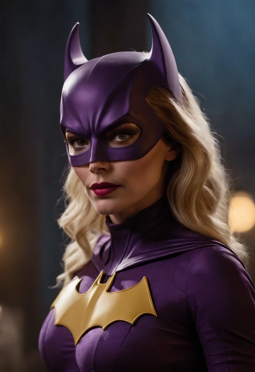 Margot Robbie as purple and yellow costume batgirl in Gotham police station at night