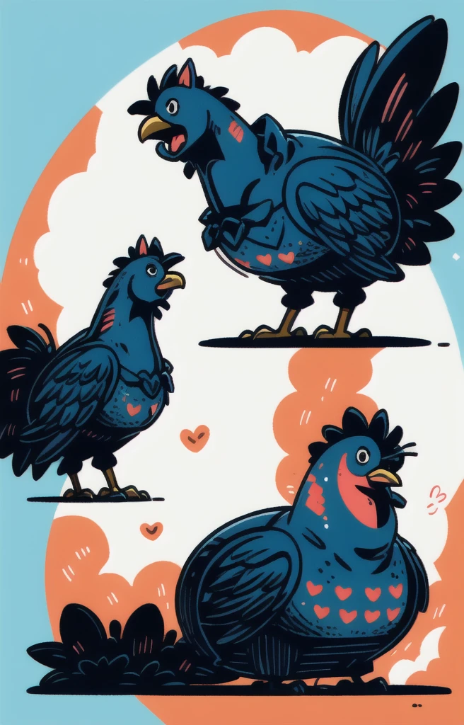 STYLE: kids illustration | SUBJECT: a playful prized black Rooster | AESTHETIC: super kawaii, bold outlines | COLOR PALETTE: pastel | IN THE STYLE OF: Sanrio