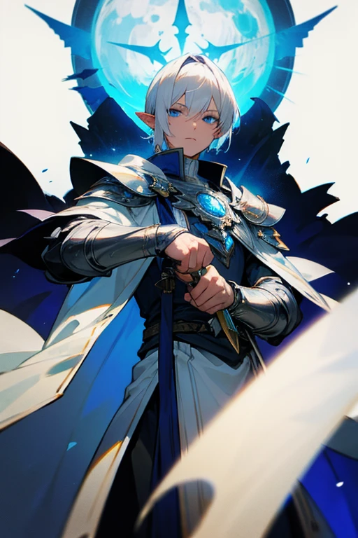 ultra-detailed, pointy ears, white hair, blue eyes, short hair, wears silver armor on the chest, on the sleeves, wears white fabric up to the hands, wears silver bracelets on both hands, wears white fingerless gloves, wears a blue cape with decorations golden on his back, in one of his works he wears silver armor on his shoulders, holding a silver dagger in his hand, the cloth is the moon, a face, ethereal lighting, mystical atmosphere, vibrant colors