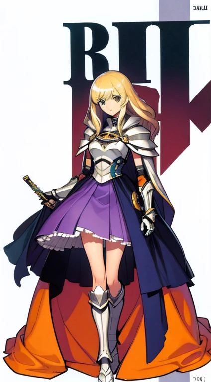 (((Best Quality))) , ((full body)), female, character design, solo, (white background), holding sword, gauntlets, armored dress, cape, trench skirt, blue, orange, green, violet, brown, white, colorful outfit, standing,