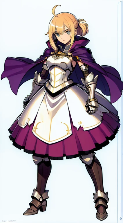 (((Best Quality))) , ((full body)), female, character design, solo, (white background), holding sword, gauntlets, armored dress, cape, trench skirt, blue, orange, green, violet, brown, white, colorful outfit, standing,
