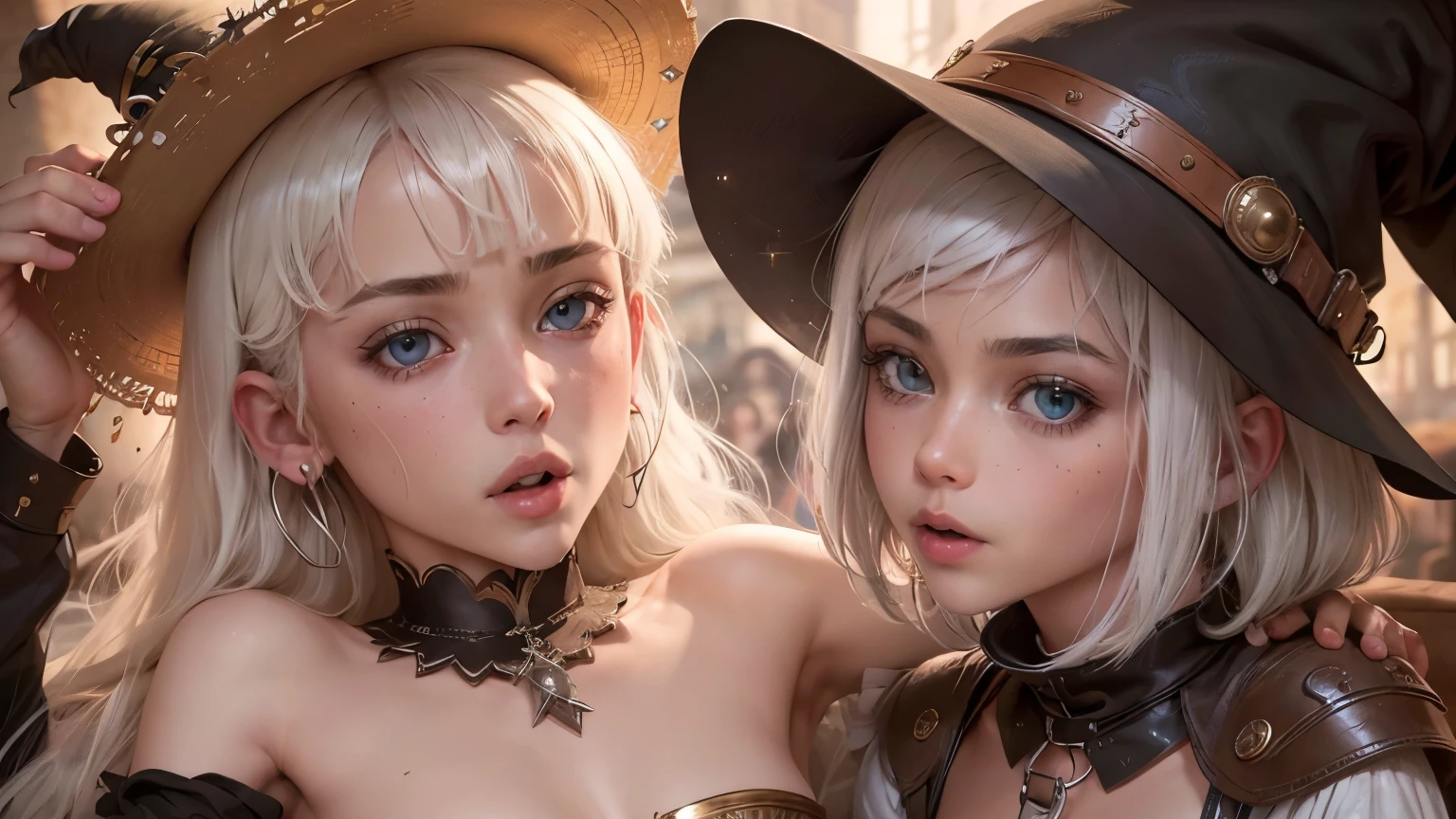 (muste piece), (Piece of art), (Amazing work), (detailed eyes), (delicate skin), (Colorful eyes), (short white hair with bangs), (sparkling eyes), (1 girl) ,(small breasts),skinny legs,With witch's hat, oud, old, Wear extravagant medieval clothing, muste piece, best quality, The best Desinger, best illustration,Lesbian couple,Lesbian Sex,pissing,Gonzo