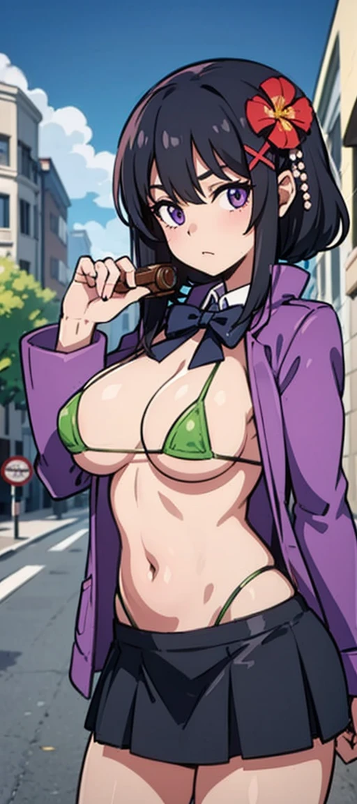 masterpiece, best quality, high resolution, hmsl1, big bust, hair flower, x hair ornamen, micro bikini, purple jacket, flower, slime, open clothes, Black bow, The sleeve exceeds the wrist, skirt, cowboy shooting, outdoor, street, permanent