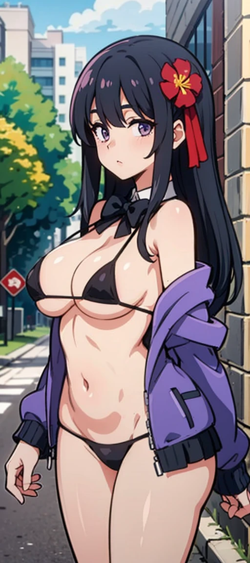 masterpiece, best quality, high resolution, hmsl1, big bust, hair flower, x hair ornamen, micro bikini, purple jacket, flower, slime, open clothes, Black bow, The sleeve exceeds the wrist, skirt, cowboy shooting, outdoor, street, permanent