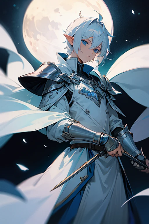 ultra-detailed, pointy ears, white hair, blue eyes, short hair, wears silver armor on the chest, on the sleeves, wears white fabric up to the hands, wears silver bracelets on both hands, wears white fingerless gloves, wears a blue cape with decorations golden on his back, in one of his works he wears silver armor on his shoulders, holding a silver spear in his hand, the cloth is the moon, a face, ethereal lighting, mystical atmosphere, vibrant colors