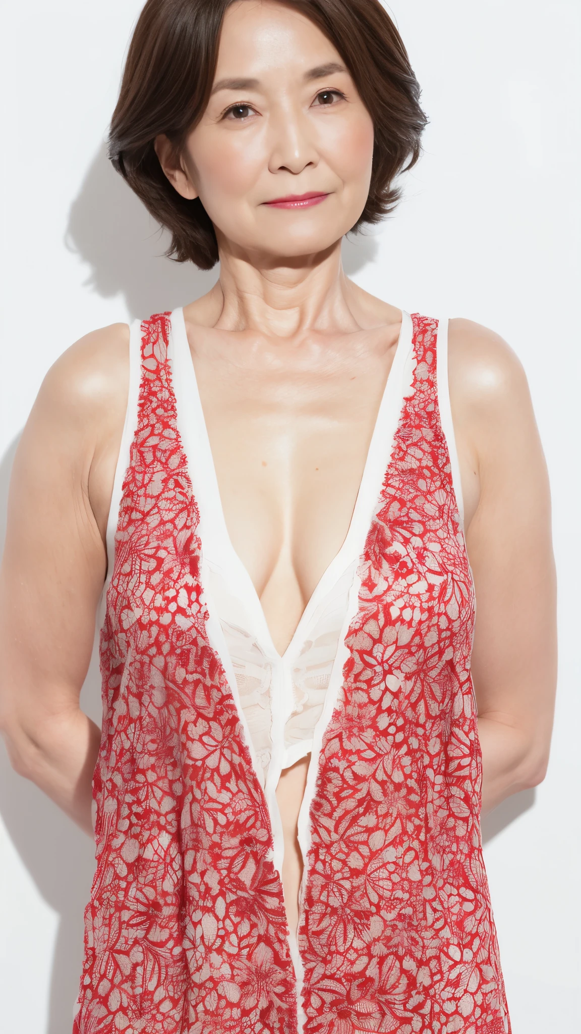 (((alone))), Elderly mature woman pure white background, gravure, facing the front, ((from the chest up)), Wear a bra, describe the lips correctly,red lips, fancy makeup, Upright posture, Masseter muscle part, highest quality, Super detailed, realistic, Super detailed細なスキン, perfect anatomy, (1 Japan), (positive), 95 years old, Tremendous big, Fashion Model, Glamour, Sexy, pure white skin, looking at the viewer,