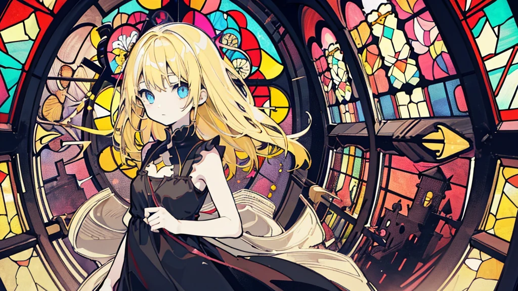 (1 girl, blonde hair, black sundress, kawaii), (abandoned church, stained glass), (low contrast, flat color, limited palette)