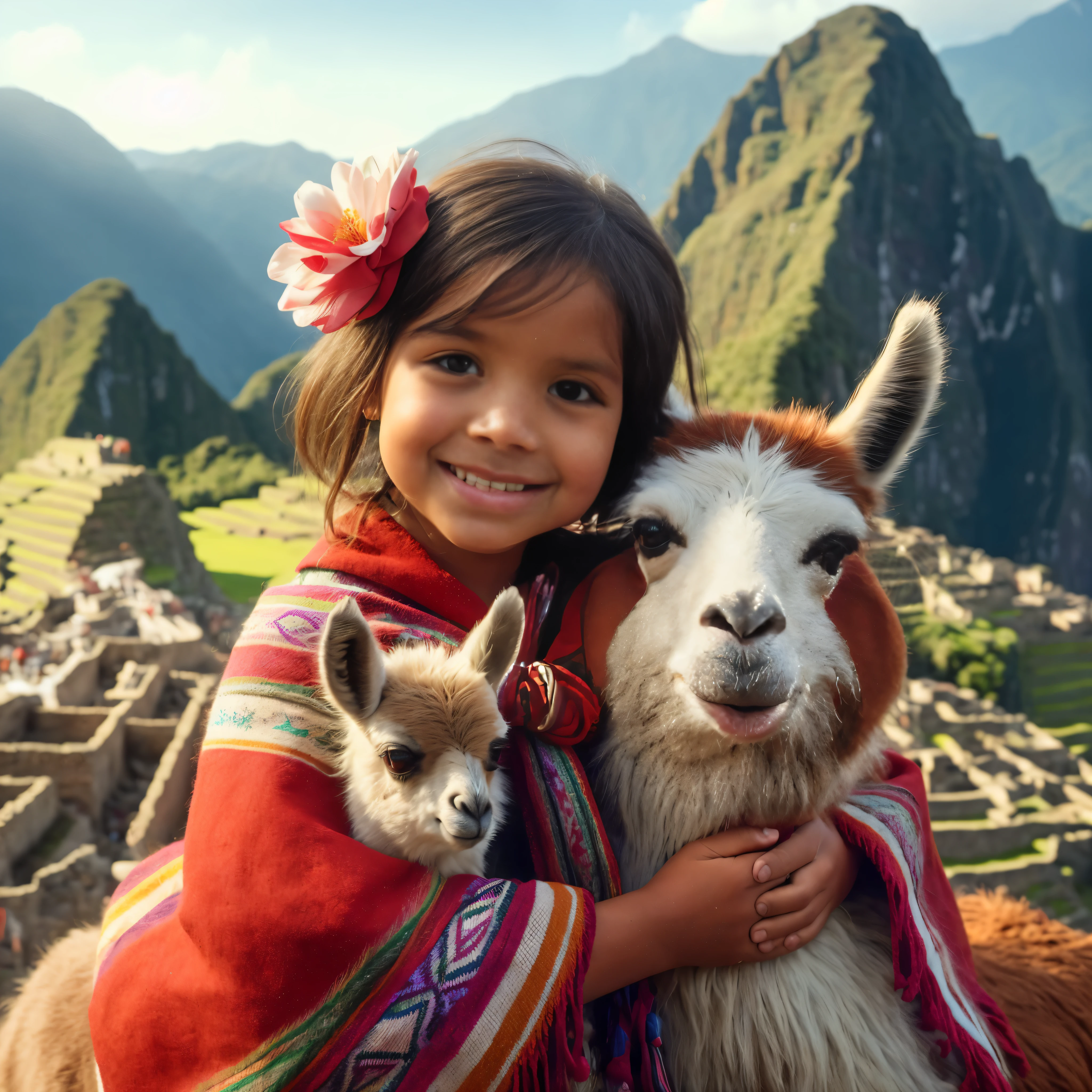 Arafed girl with a red shawl hugging a llama in front of a mountain, Yet, Adorable pintura digital, Atey Ghailan y Steve McCurry, Quechua!!, Quechua!, Hermosa obra de arte digital, 4 mil / 8 mil, 4k/8k, 4 mil post, 4k post, film still promotional image, maya 8 mil, Peru