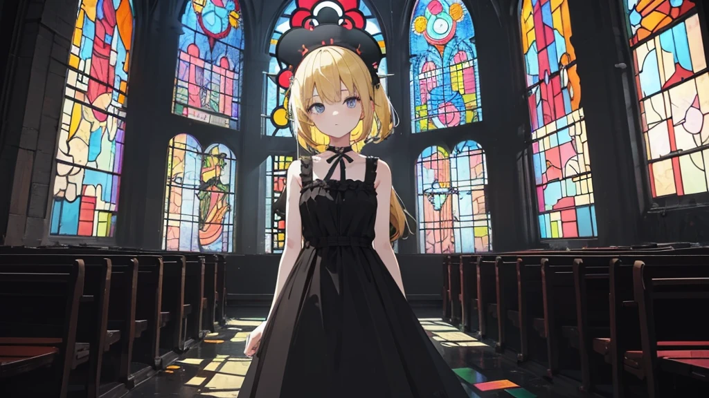 (1 girl, blonde hair, black sundress, kawaii), (abandoned church, stained glass), (low contrast, flat color, limited palette)