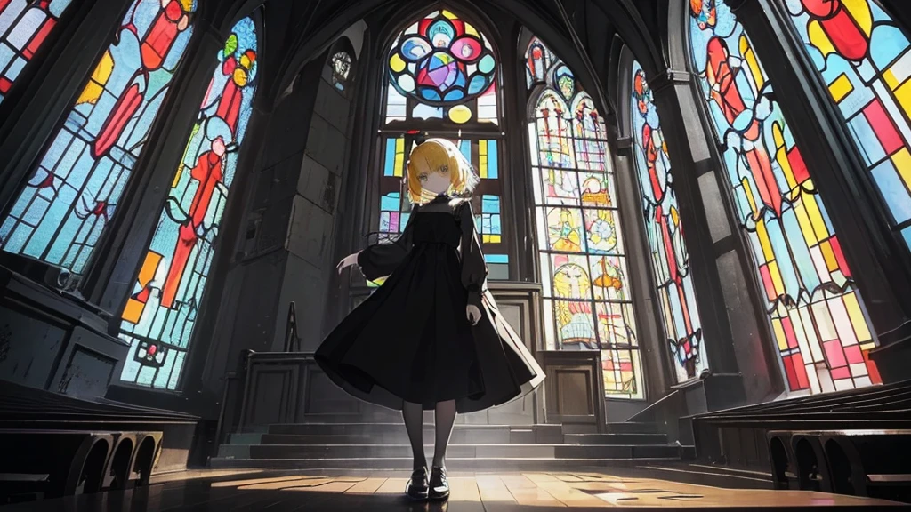 (1 girl, blonde hair, black ????????, kawaii), (abandoned church, stained glass), (low contrast, flat color, limited palette)
