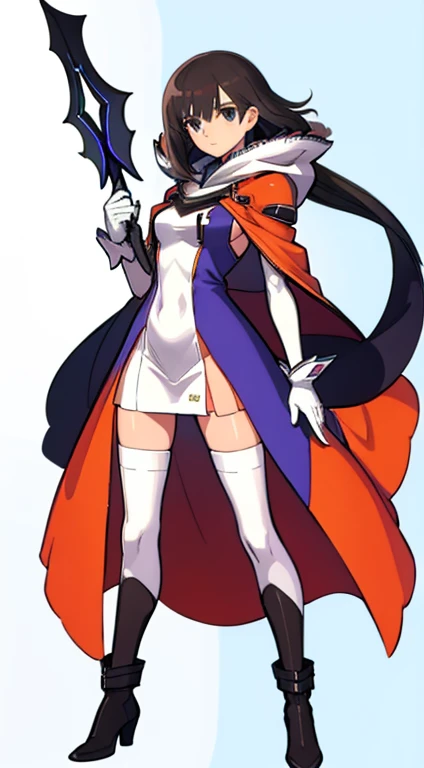 (((Best Quality))) , ((full body)), female, character design, solo, (white background), holding staff, gloves, cloak, thigh high, side slit trench skirt, blue, orange, green, violet, brown, white, colorful outfit, standing pose,