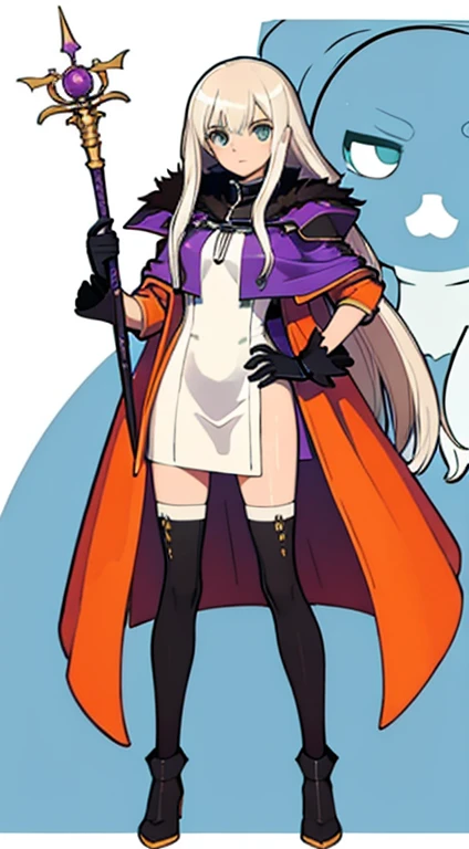 (((Best Quality))) , ((full body)), female, character design, solo, (white background), holding staff, gloves, cloak, thigh high, side slit trench skirt, blue, orange, green, violet, brown, white, colorful outfit, standing pose,