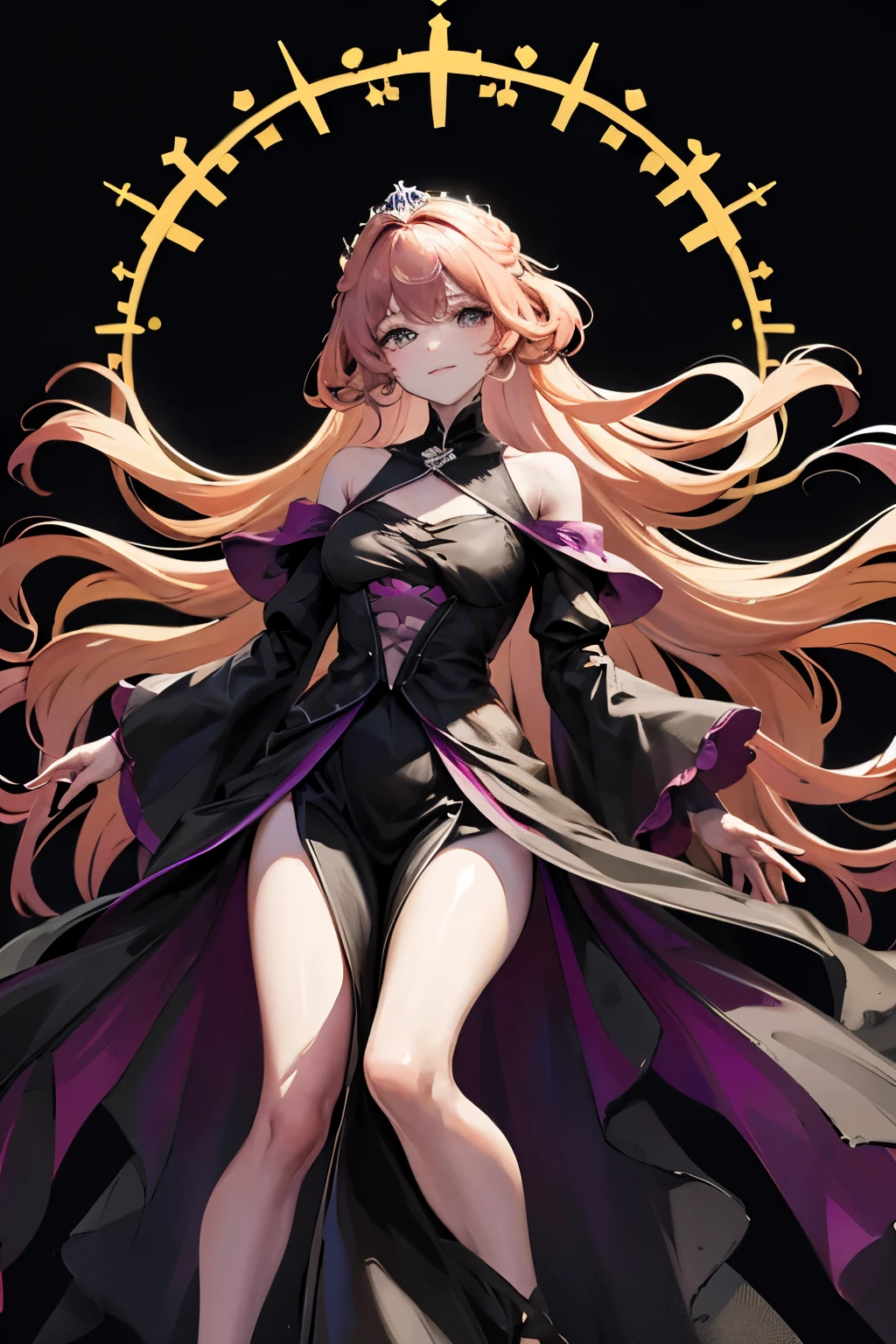 masterpiece， best quality， Julia Fe， 1girl， solo， long hair， looking at the audience， blush， Smile， negative space， （bioluminescence：1.2）， dark， dark background， long sleeves， dress， shoulder，  very long hair， wide sleeves， cloak， 白色dress， circle，princess skirt，Be conservative and not exposed
