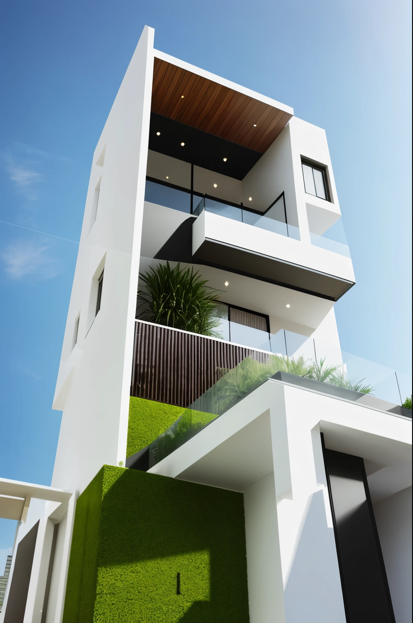 there is a tall building with a balcony and a car parked in front of it, arhitectural shot, frontview, complete house, overall architectural design, architectural shot, exterior view, front-view, one house, outside view, house, view from below, contemporary house, mid-view, concept house, looking from slightly below, architectural finishes