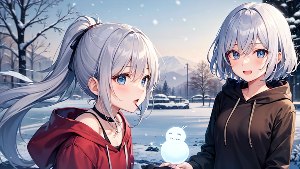 (muste piece: 1.2, highest quality), 1 female, one personで, silver hair,show your shoulders,very short hair, long bangs between eyes, blue eyes,eyes are black, hoodie,gray hair, silver hair, hoodie, 白いフードhoodie、snow scene、laughter、Build a snowman、open your mouth、five fingers、it's snowing、one person