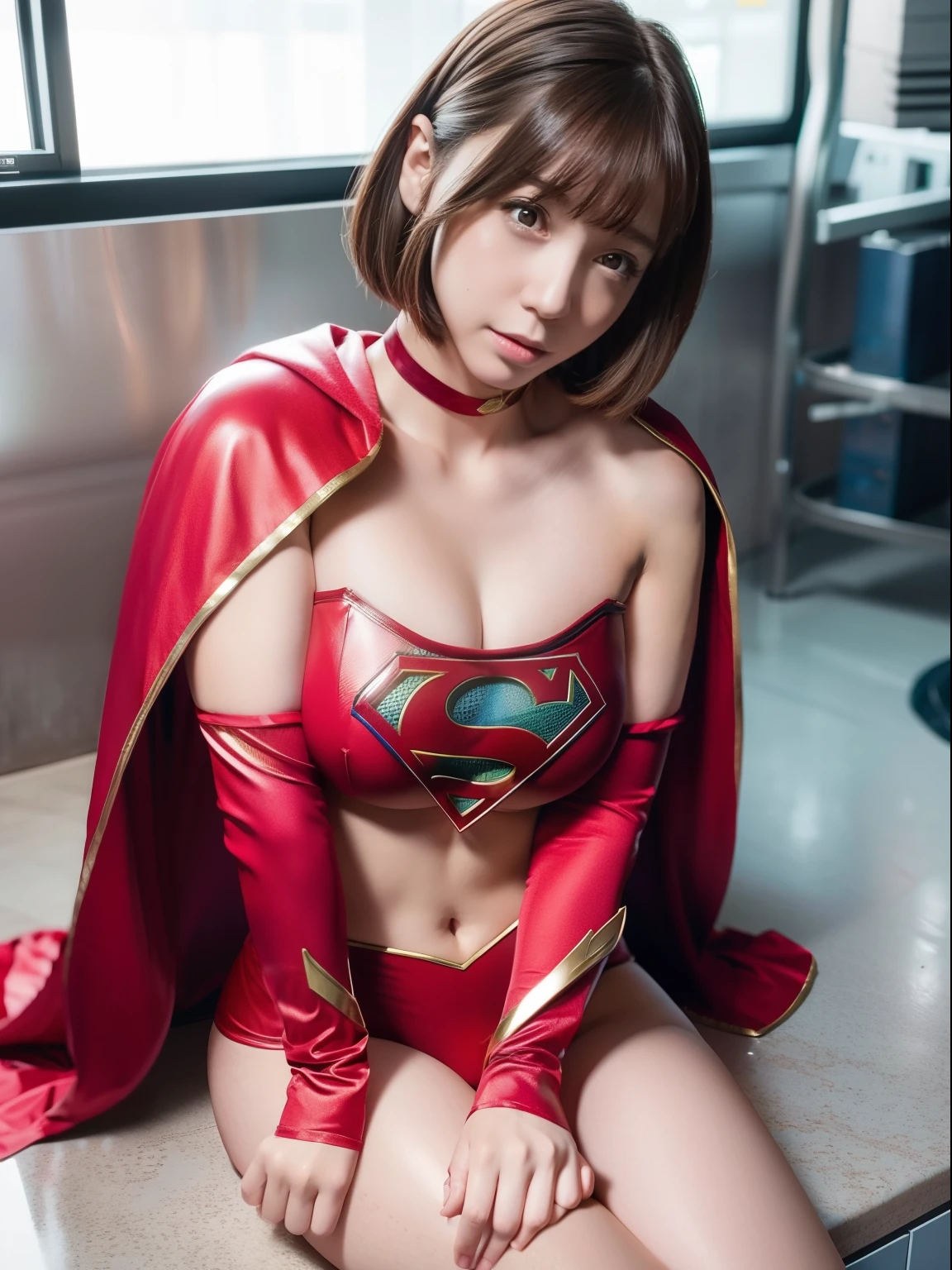 masterpiece,Supergirl Costume, short hair, barefoot, big breasts,laboratory、operating table、straddle、depraved、shiny、Looking at the camera、Seduce、choker、long sleeve、short red miniskirt、Navel exposed、abs、red cloak、sexy pose