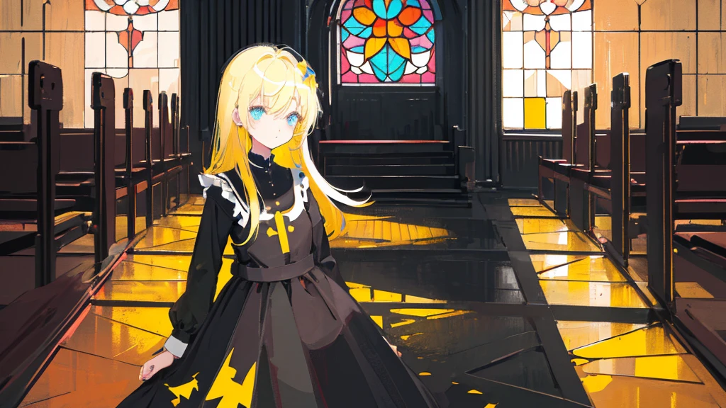 (1 girl, blonde hair, black sundress, kawaii), (abandoned church, stained glass), (low contrast, flat color, limited palette)