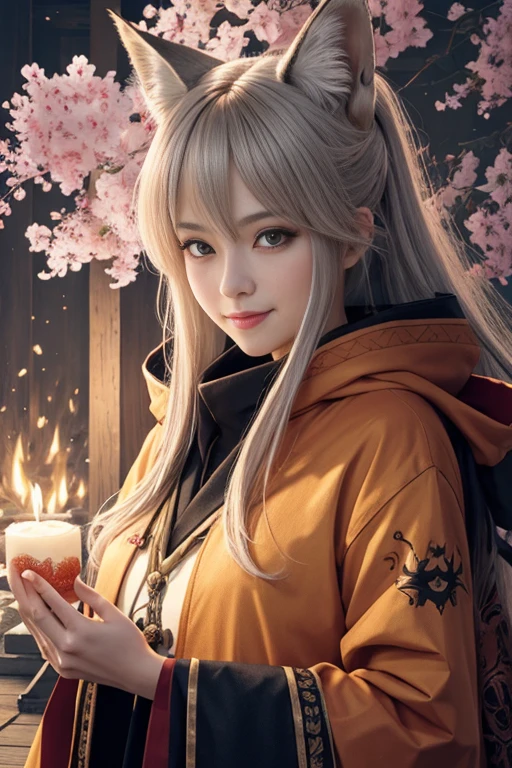 4girl,solo, happy smiling official art, unity 8k wallpaper, ultra detailed, beautiful and aesthetic, beautiful, masterpiece, best quality, Kitsune witch, fox mask, haori jacket, foxfire spell, fox familiar, transformation,depth of field,