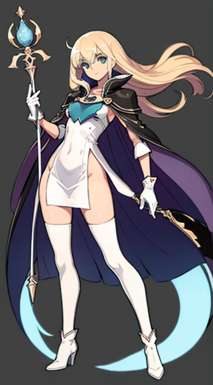 (((Best Quality))) , ((full body)), female, character design, solo, (white background), holding staff, gloves, capelet, thigh high, side slit trench skirt, blue, orange, green, violet, brown, white, colorful outfit, standing pose,