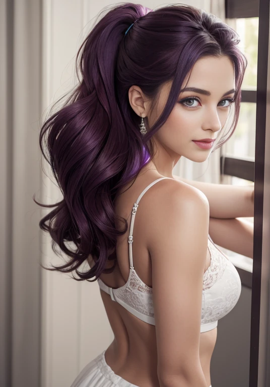 (Obra maestra, La mejor calidad, fotorrealista, Altas Resoluciones, Cinematographer, :1.3), Foto de la parteinferior del cuerpo, Sharp focus, 1 chica caucasica , Chica europea, 17 year old , Modelo linda, diafragma, Ojos color morado y pupilas altamente detallados, Piel realista, Forma delgada del cuerpo, cabello extremadamente detallado, They are smiling, sexy , ((realista, super-realistic, realismo, Detalles realistas)) twilight Sparkle , mlp , lindo maquillaje , lentes de lectura ,labios rojos , cabello largo morado con mechas rosas , pony tail , cuerpo completo , posando boca abajo, sonriendo para el espectador , lindo vestido de dos piezas 