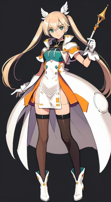 (((Best Quality))) , ((full body)), female, character design, solo, (white background), holding staff, gloves, capelet, thigh high, side slit trench skirt, blue, orange, green, violet, brown, white, colorful outfit, standing pose,