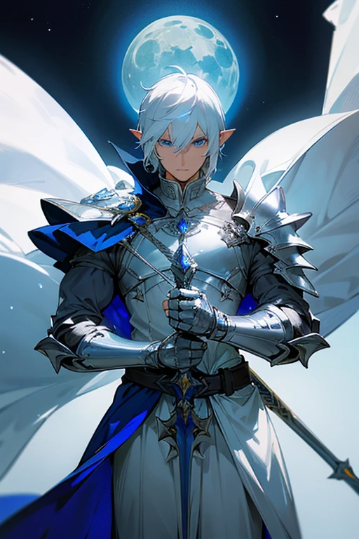 ultra-detailed, pointy ears, white hair, blue eyes, short hair, wears silver armor on the chest, on the sleeves, wears white fabric up to the hands, wears silver bracelets on both hands, wears white fingerless gloves, wears a blue cape with decorations golden on his back, on his left shoulder he wears silver armor on his shoulders over the cape, on his right shoulder the cape is covering him, holding in his hand a silver spear, the cloth is the moon, a face, ethereal lighting, mystical atmosphere, colors vibrant