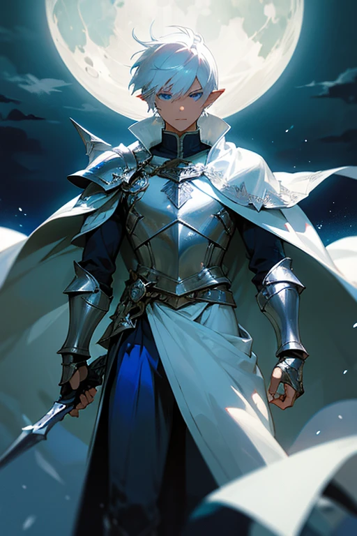 ultra-detailed, pointy ears, white hair, blue eyes, short hair, wears silver armor on the chest, on the sleeves, wears white fabric up to the hands, wears silver bracelets on both hands, wears white fingerless gloves, wears a blue cape with decorations golden on his back, on his left shoulder he wears silver armor on his shoulders over the cape, on his right shoulder the cape is covering him, holding in his hand a silver dagger, the cloth is the moon, a face, ethereal lighting, mystical atmosphere, vibrant colors