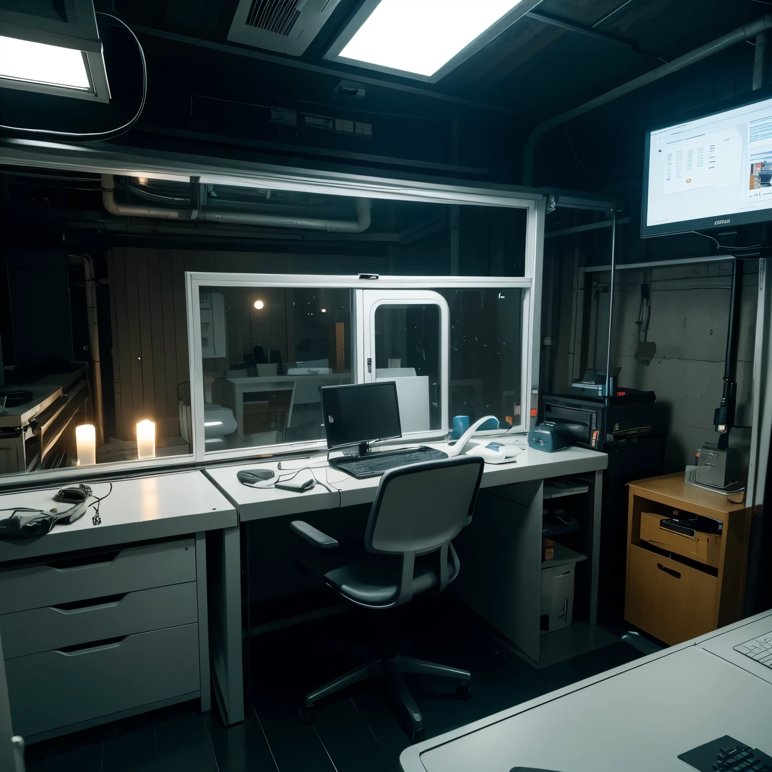 laboratory,Human body sealed cabin,Robotic arm,computer equipment,Realistic,8k,dim lights,