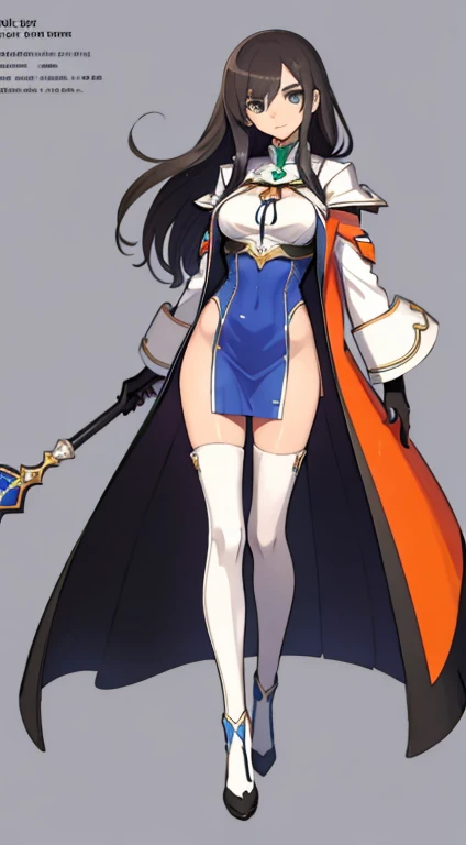 (((Best Quality))) , ((full body)), female, reference sheet, solo, (white background), holding weapon, gloves, trench skirt, belt, standing, bikini, side slit skirt, gloves, blue, orange, green, violet, brown, white, bare shoulder,
