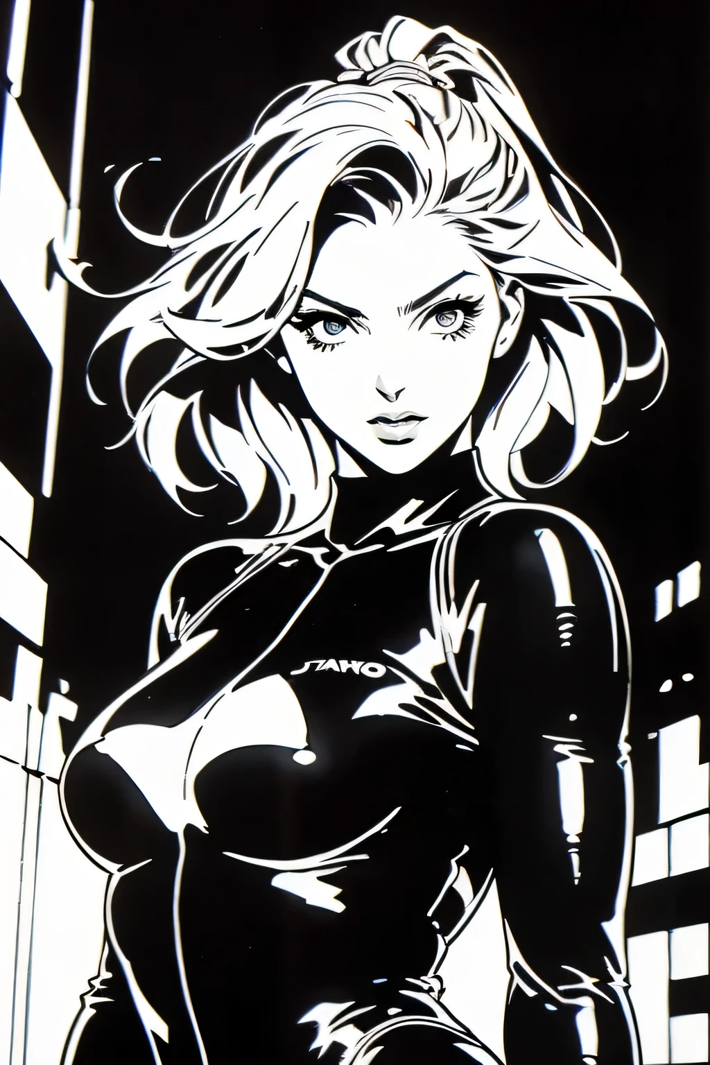 Jimenez black and white painting,Steranko, 1 girl in,charming,extremely detailed eyes,The facial details are particularly rich,hair very fine,having fun,settle down,Racing suits