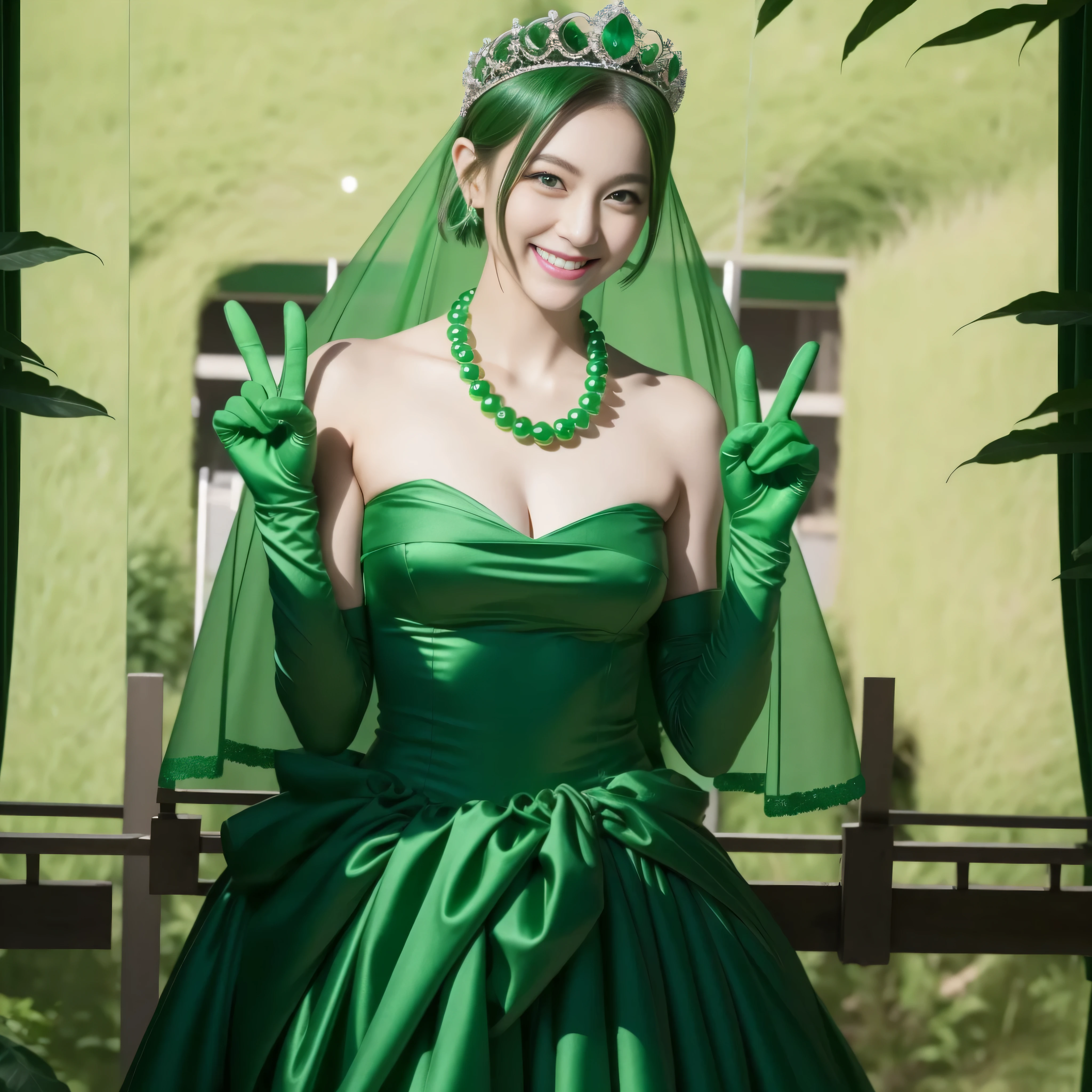 emerald tiara, Green Pearl Necklace, Boyish very short green hair, lipsticks, Japan woman smiling, very short short hair, Big Beautiful, green eyes, Long green gloves made of satin material, green eyes, v sign, double piece