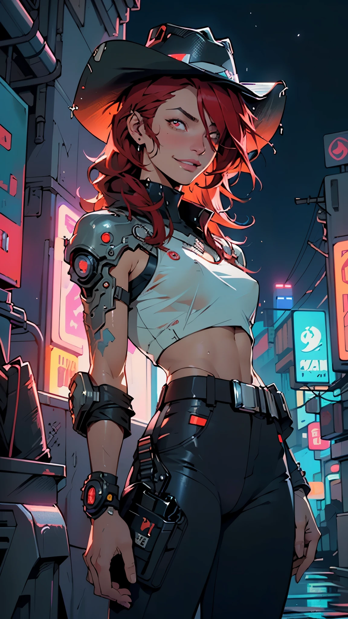 (man:1.5),1 man,cyberpunk gunslinger,(((1man))),((man with messy red hair)),
(((1male,man:1.5,handsome man,male,male gender:1.5,male focus))),macho man,((messy red hair,detailed hair,highly detailed hair,red hair,hair over one eye:1.2,colored inner hair)),(((dark_red_eyes:1.2))),intricate eyes,beautiful detailed eyes,symmetrical eyes,(((lustrous skin:1.5,tanned skin,bright skin: 1.5,skin tanned,shiny skin,very shiny skin,shiny body,illuminated skin))),((man chest)),handsome face,((muscular)),(detailed face),
nsfw,
(((bare chest))),dark pants,((bulge in pants)),((gunfighter outfit, (cyberpunk cowboy_hat:1.2))),(wearing a gunfighter outfit:1.3,gunslinger clothes),(cyberpunk gun holster,belt),((wet clothes,intricate outfit,intricate clothes)),
(dynamic pose:1.0),solo focus,((evil smile,evil look)),(centered,scale to fit dimensions,Rule of thirds),
cyberpunk city by the ocean at night, with bright neon signs and dark stormy clouds and puddles, scenery:1.25,nighttime, starry night, cosmos,Very dark night that makes the neon lights stand out, very bright neon lights,nighttime, starry night, cosmos,
artistic photography,(photography taken by sldr),highres, sharp focus,(ultra detailed, extremely detailed), (photorealistic artwork:1.37),(extremely detailed CG unity 8k wallpaper),((synthwave background theme)),(((vibrant colors))),intricate,(intricate background),(masterpiece),(best quality),photo realistic,analog style,((intricate detail)),(((realism))),