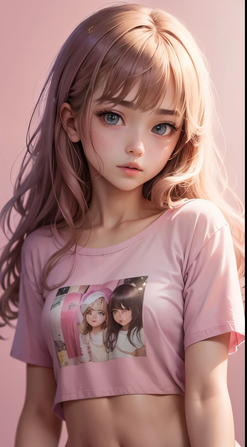 (muste piece),(best quality:1.1),(Super detailed),best illustration,fine details,(People photography:1.1),(watercolor painting)Fluffy,1 girl,solo,13 years old,slim,(extremely delicate and beautiful face),(Detailed beautiful eyes),pink thick lips,(messy hair),(Wearing a pink baggy T-shirt),Soft and lazy,(simple background:1.2)Whole color background,clear parts,In 4K,naked,full shot,全nakedやん,