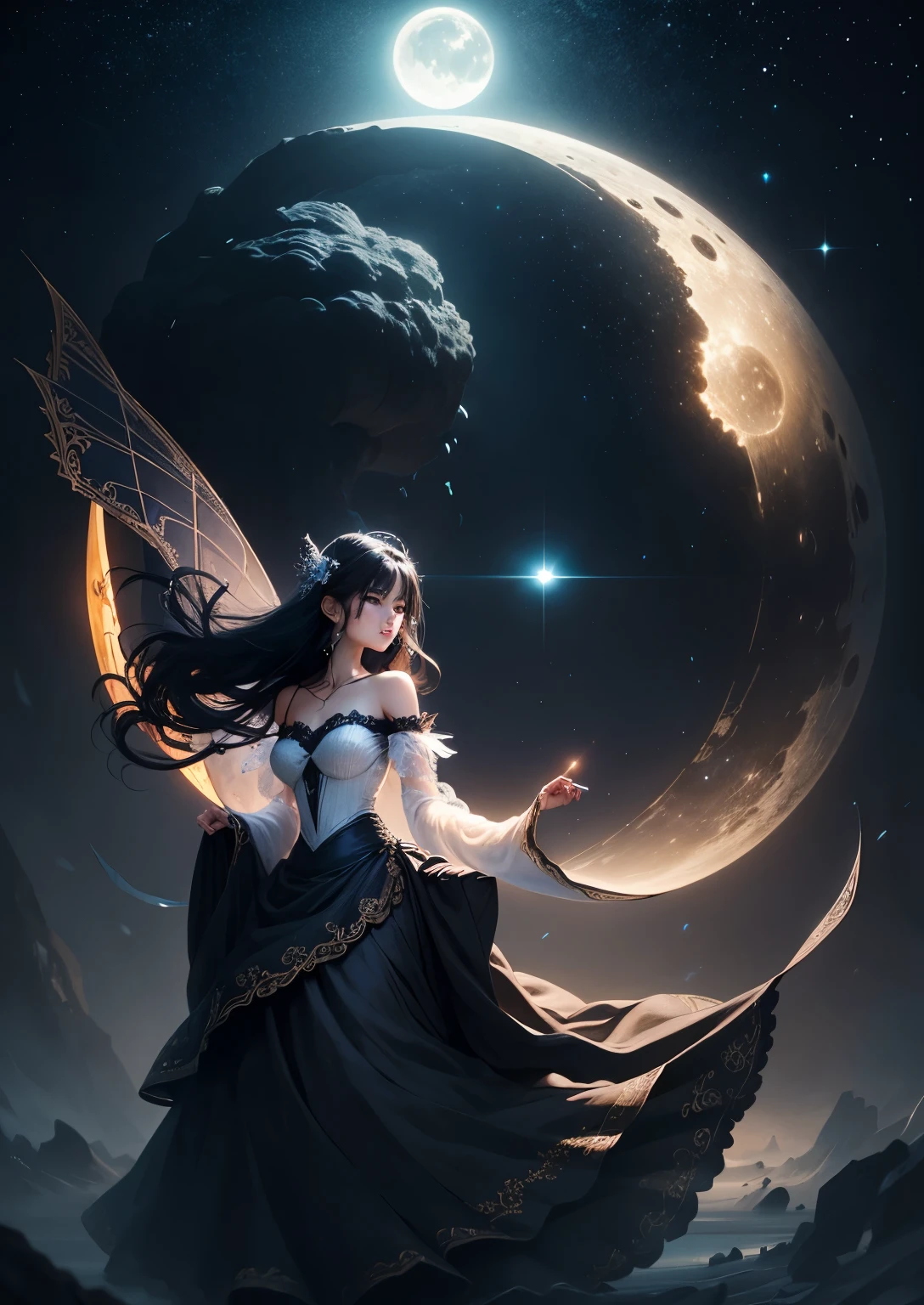 In the quiet stillness of the night, a black haired fairy of the moon sits upon her shimmering bedazzled crescent throne, her eyes alight with wonder as she watches a single star shoot across the sky. The stellar winds blow hot and cold, carrying her thoughts and dreams to the far reaches of the universe, much jewelry, topiary, filigree, beautiful silken dress, lacey accessories, time, full beautiful hair, beautiful eyes, swirling curling twirling beautiful fluffy hair,