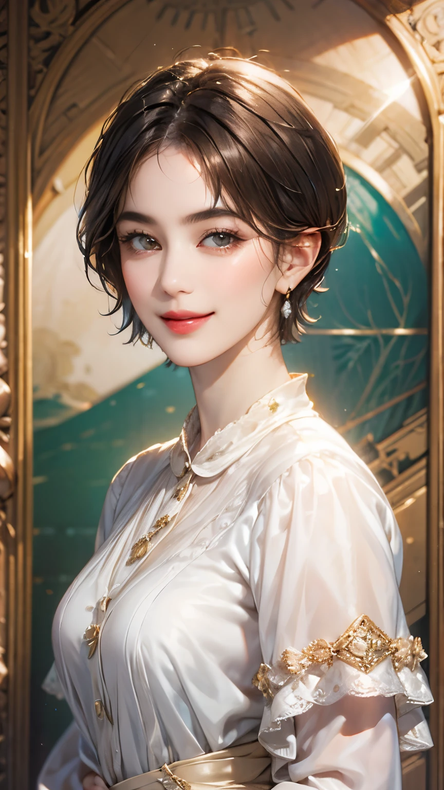 143
(20 year old woman), (surreal), (High level image quality), ((beautiful hairstyle 46)), ((short hair:1.46)), (gentle smile), (breasted:1.1), (lipsticks)