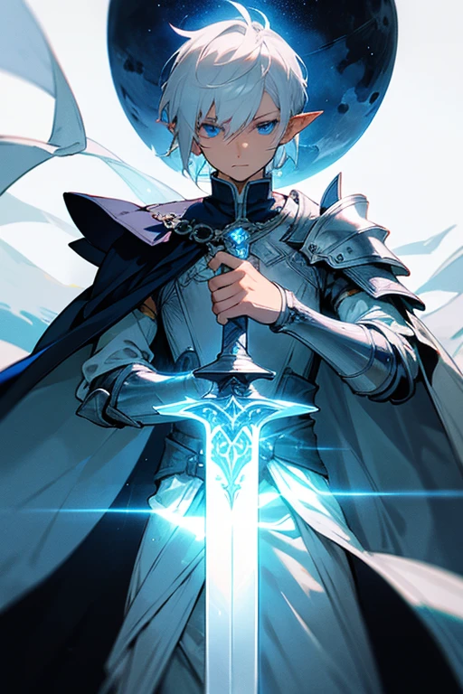 ultra-detailed, pointy ears, white hair, blue eyes, short hair, wears silver armor on the chest, on the sleeves, wears white fabric up to the hands, wears silver bracelets on both hands, wears white fingerless gloves, wears a blue cape with decorations gold on his back, on his left shoulder he wears silver armor on his shoulders over the cape, on his right shoulder the cape is covering him, holding in his hand a silver sword, the cloth is the moon, a face, ethereal lighting, mystical atmosphere, vibrant colors