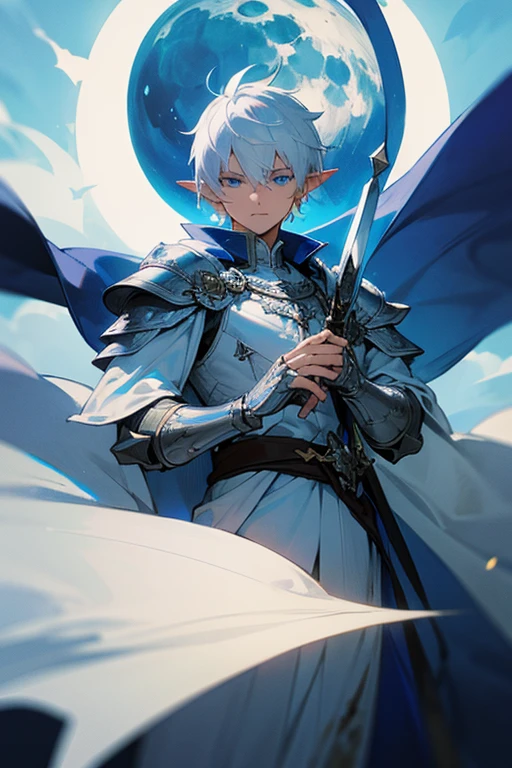 ultra-detailed, pointy ears, white hair, blue eyes, short hair, wears silver armor on the chest, on the sleeves, wears white fabric up to the hands, wears silver bracelets on both hands, wears white fingerless gloves, wears a blue cape with decorations gold on his back, on his left shoulder he wears silver armor on his shoulders over the cape, on his right shoulder the cape is covering him, holding in his hand a silver sword, the cloth is the moon, a face, ethereal lighting, mystical atmosphere, vibrant colors